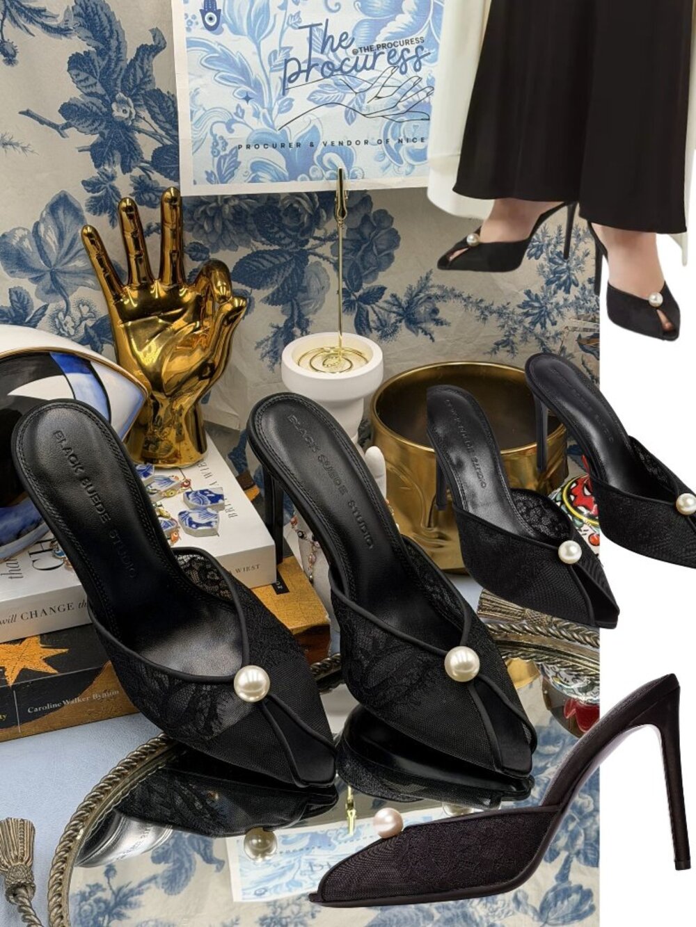 🆕 BLACK SUEDE STUDIO 🧿 NWOB Debby 100 Mesh Mule, Black Lace - Sz 37 US 7